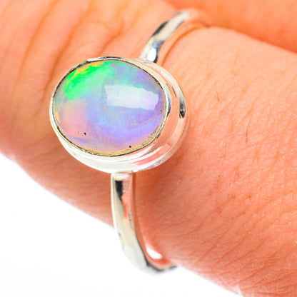 Opal gemstone ring in 925 sterling silver, round iridescent face
