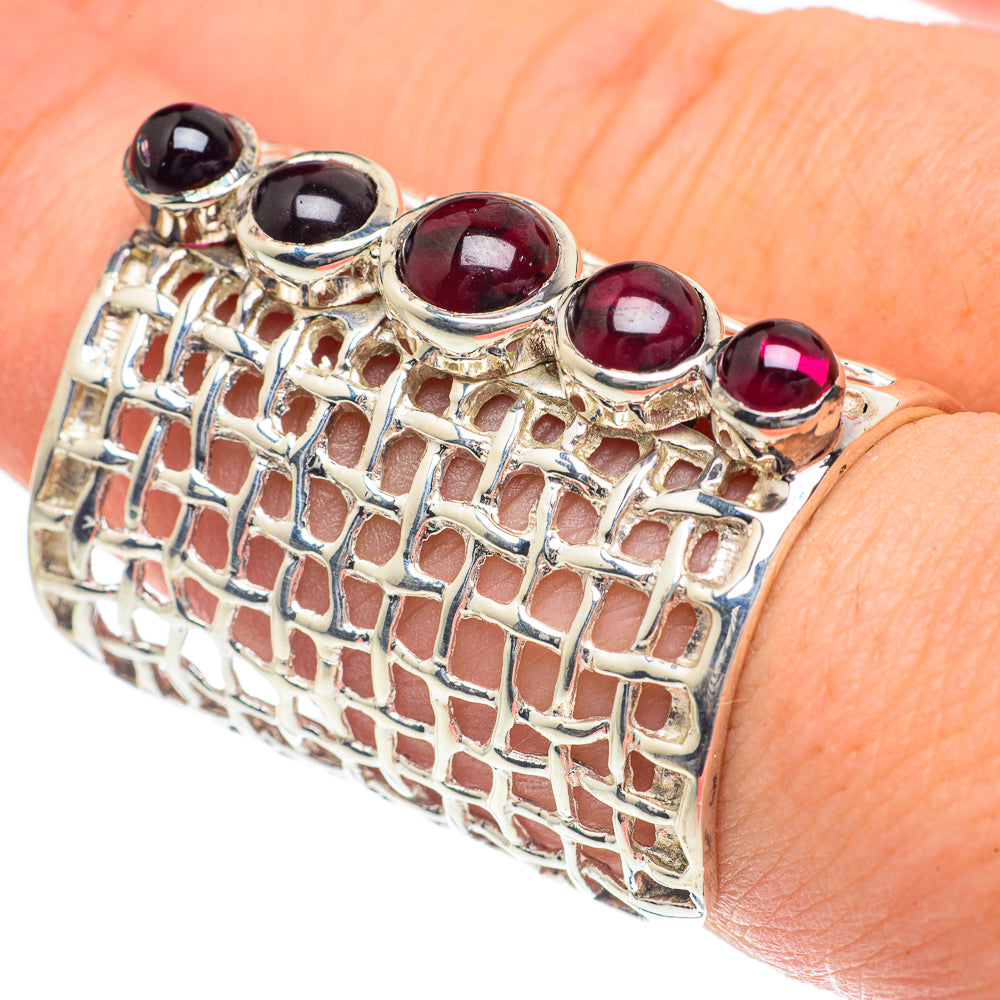 Sterling silver cuff ring with textured lattice and four maroon round stones