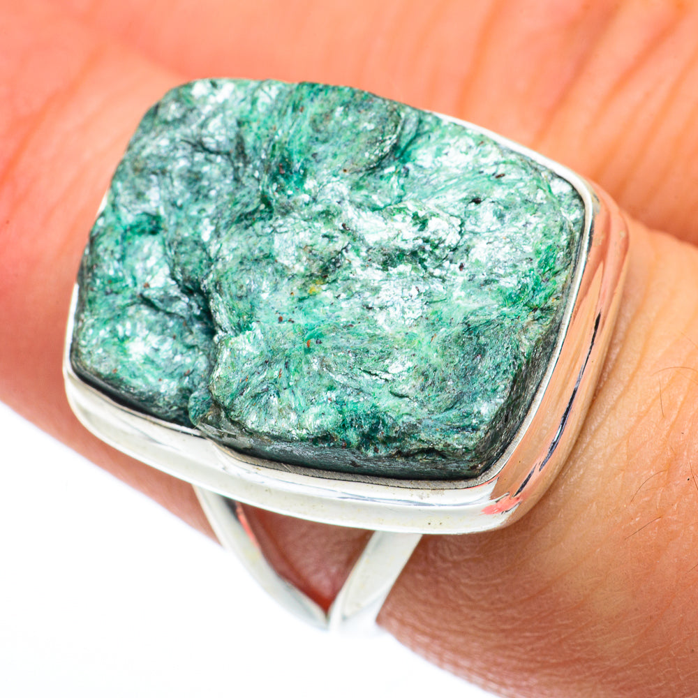 Green fuchsite ring on finger, square sterling silver setting with textured green stone