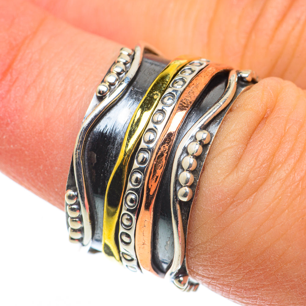 925 sterling silver meditation spinner ring with stacked bands: silver, yellow, black, orange