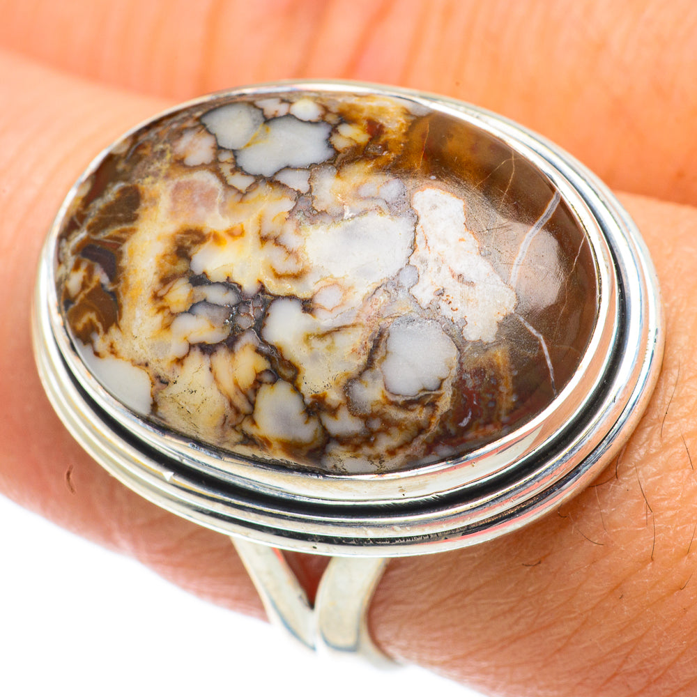 Sterling silver jasper ring with layered oval bezel and white-tan marbled stone