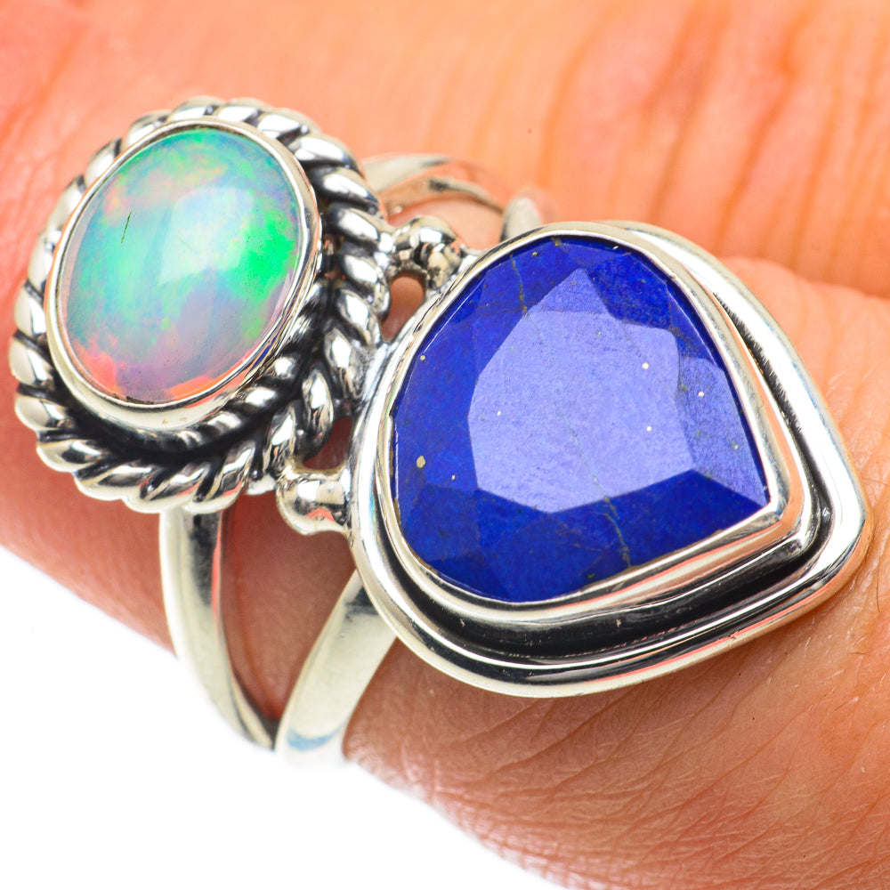 925 sterling silver ring with oval opal and blue teardrop lapis lazuli stone