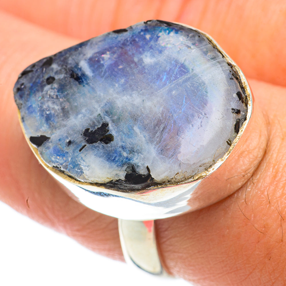 Rough moonstone ring with oval blue iridescent stone in 925 sterling silver setting
