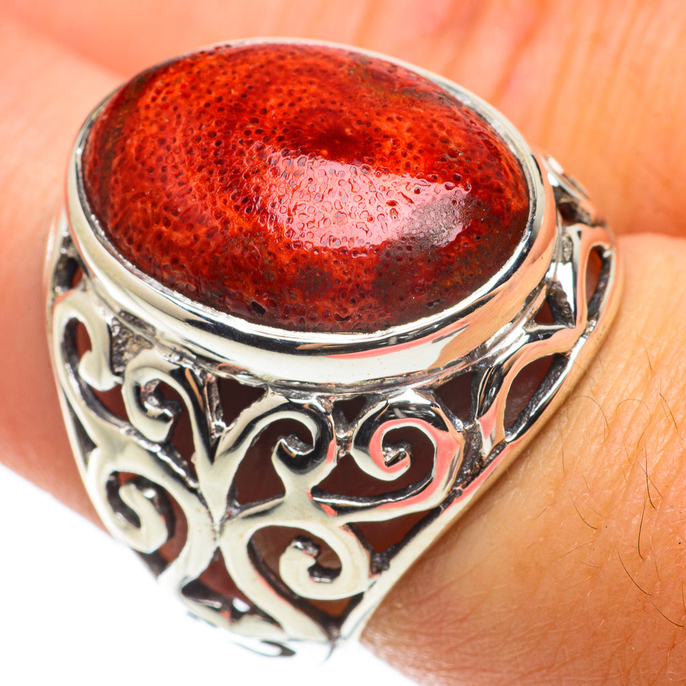 Large sponge coral ring, red oval cabochon in ornate 925 sterling silver setting