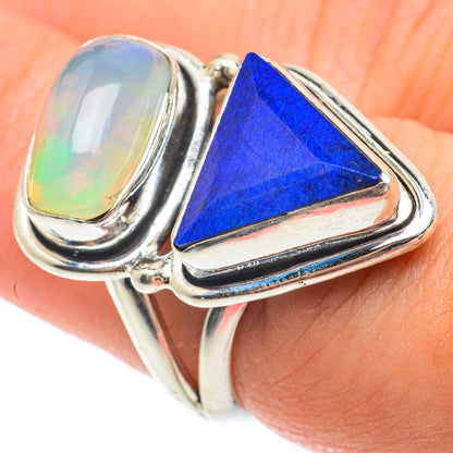 Sterling silver gemstone ring with oval opal and blue lapis triangle settings