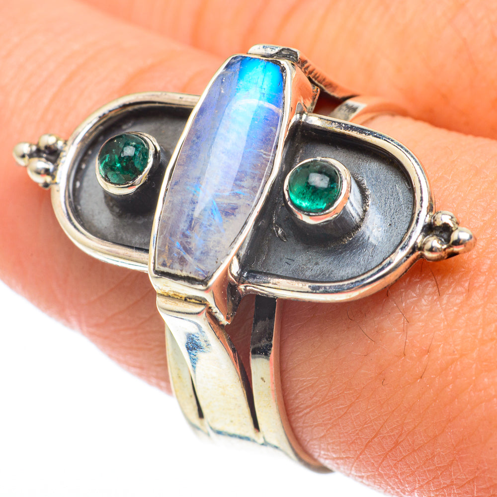 Rainbow Moonstone, Green Tourmaline Rings handcrafted by Ana Silver Co - RING64831