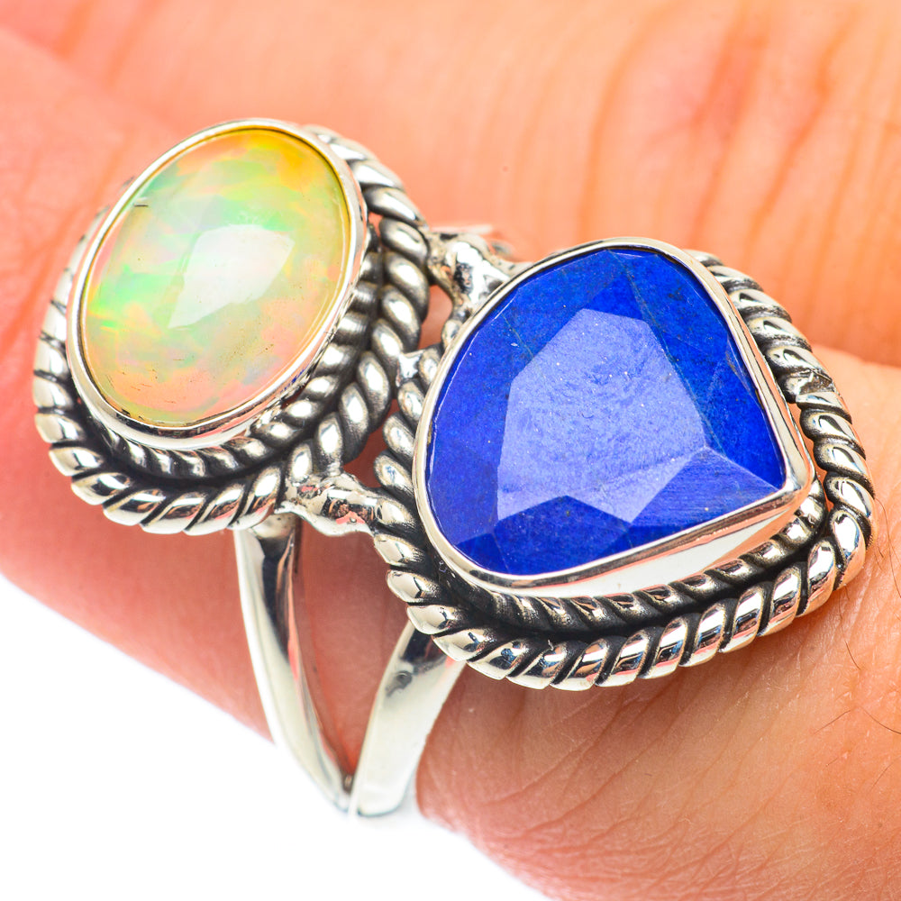 Sterling silver ring with oval opal and blue teardrop gemstone, braided bezels