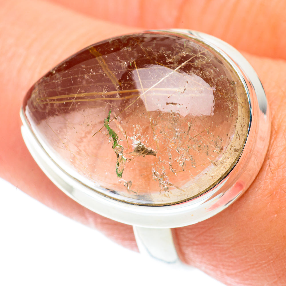 Sterling silver oval ring with rutilated quartz and green needle inclusions
