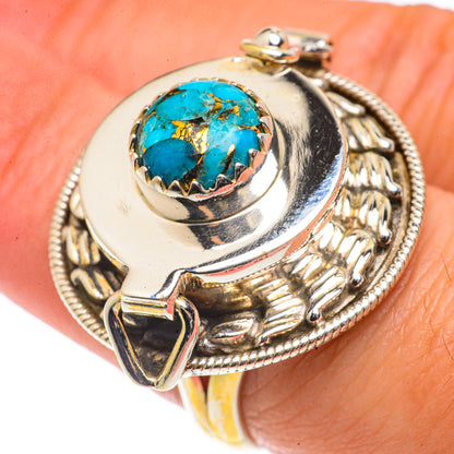 Sterling silver turquoise poison ring with round stone bezel and ornate side details