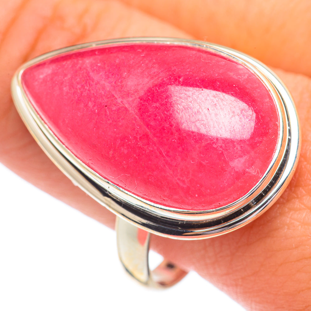 Large rhodochrosite ring with pink teardrop stone in sterling silver setting