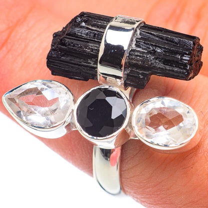 Sterling silver ring with rough black tourmaline band and black center oval stone