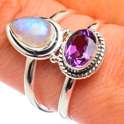 Rainbow Moonstone, Amethyst Rings handcrafted by Ana Silver Co - RING68163