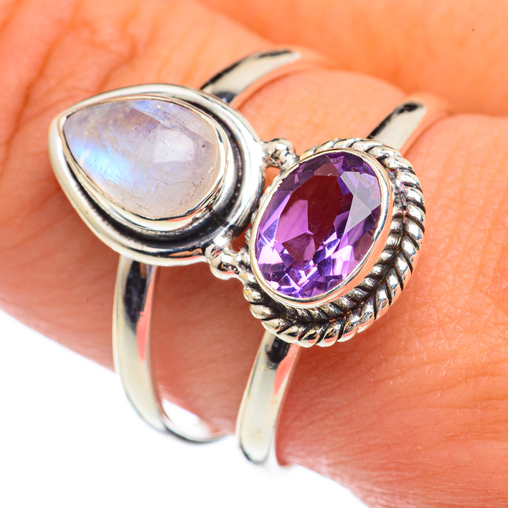 925 sterling silver ring with pear moonstone and oval purple amethyst bezel