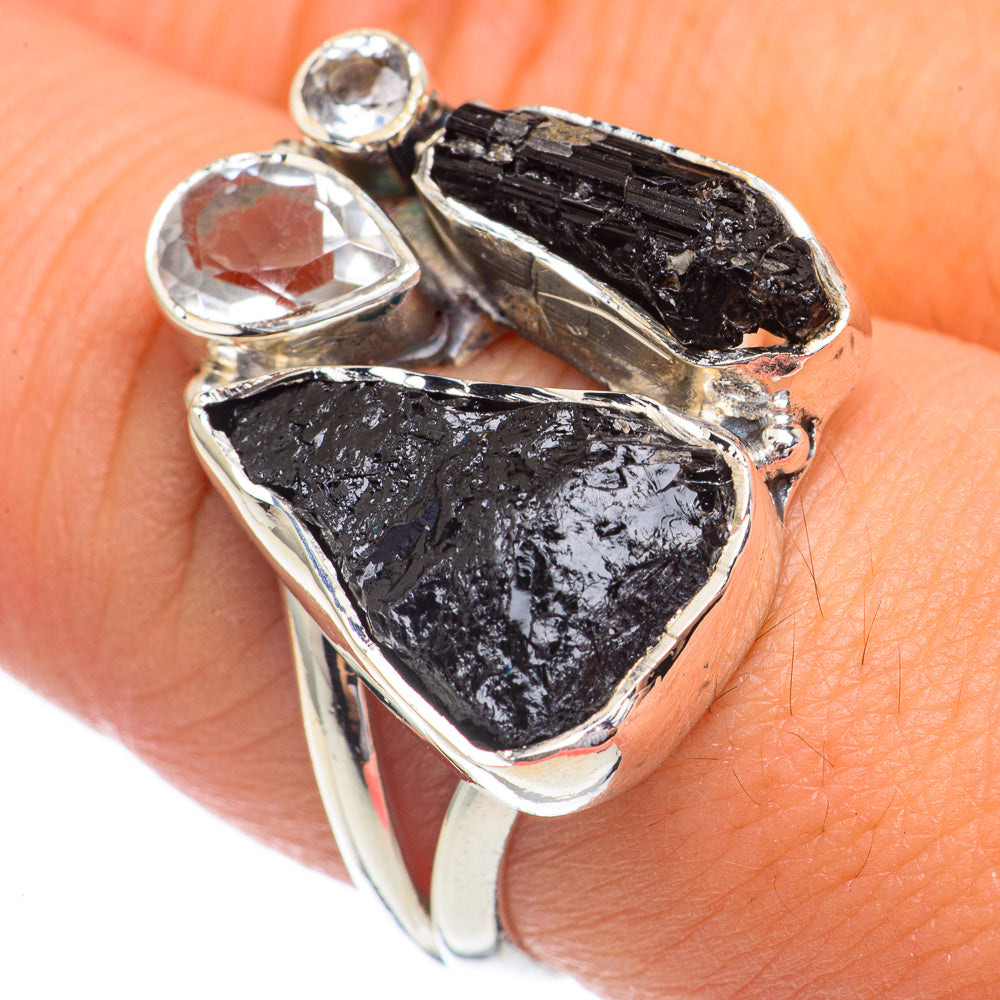925 sterling silver ring with rough black tourmaline and two clear round stones