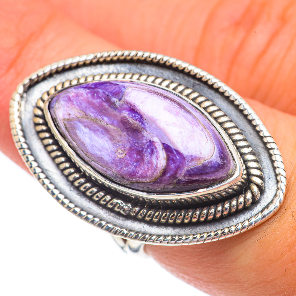 Large charoite oval cabochon ring with purple stone, 925 sterling silver bezel