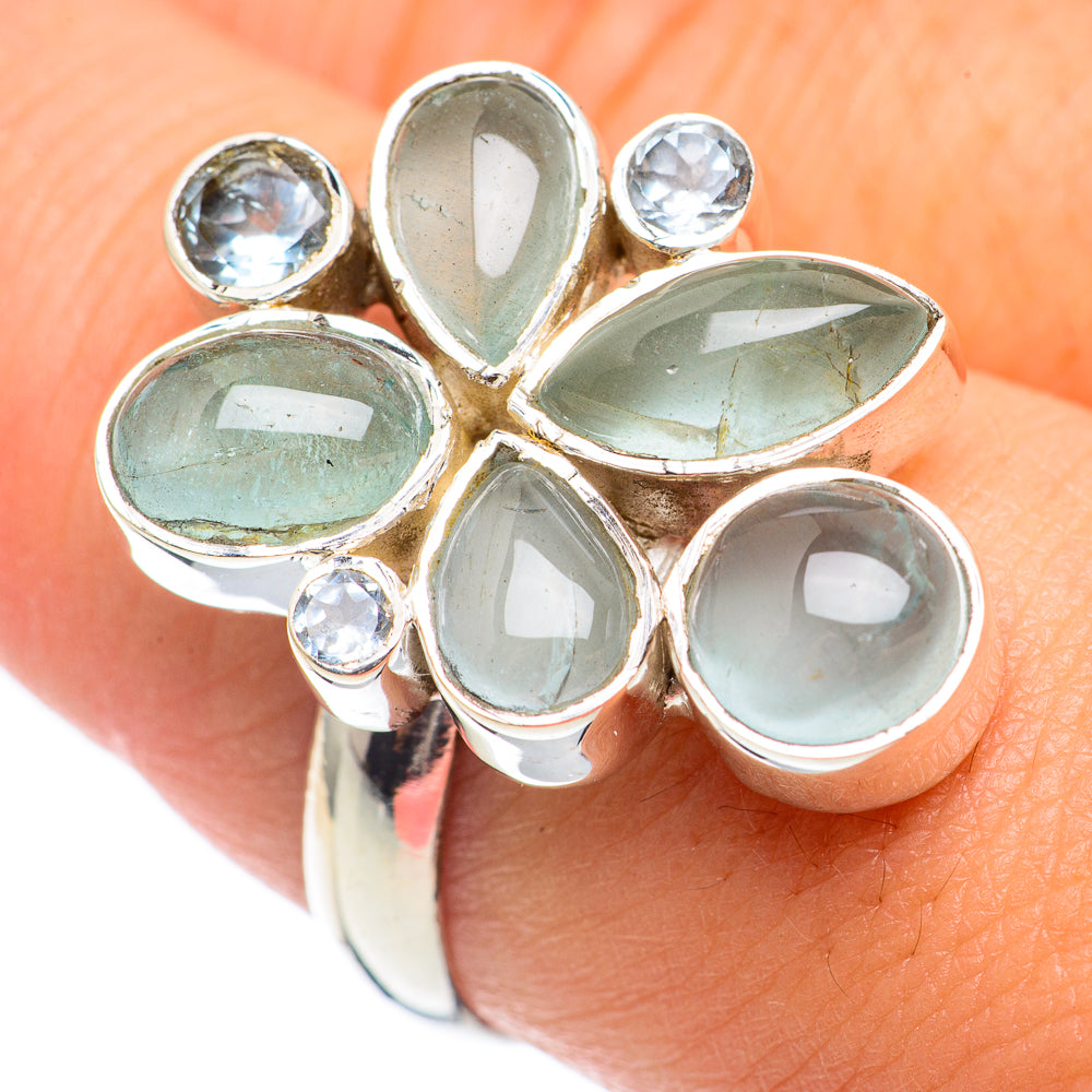 Sterling silver flower ring with green aquamarine teardrop stones and blue topaz rounds
