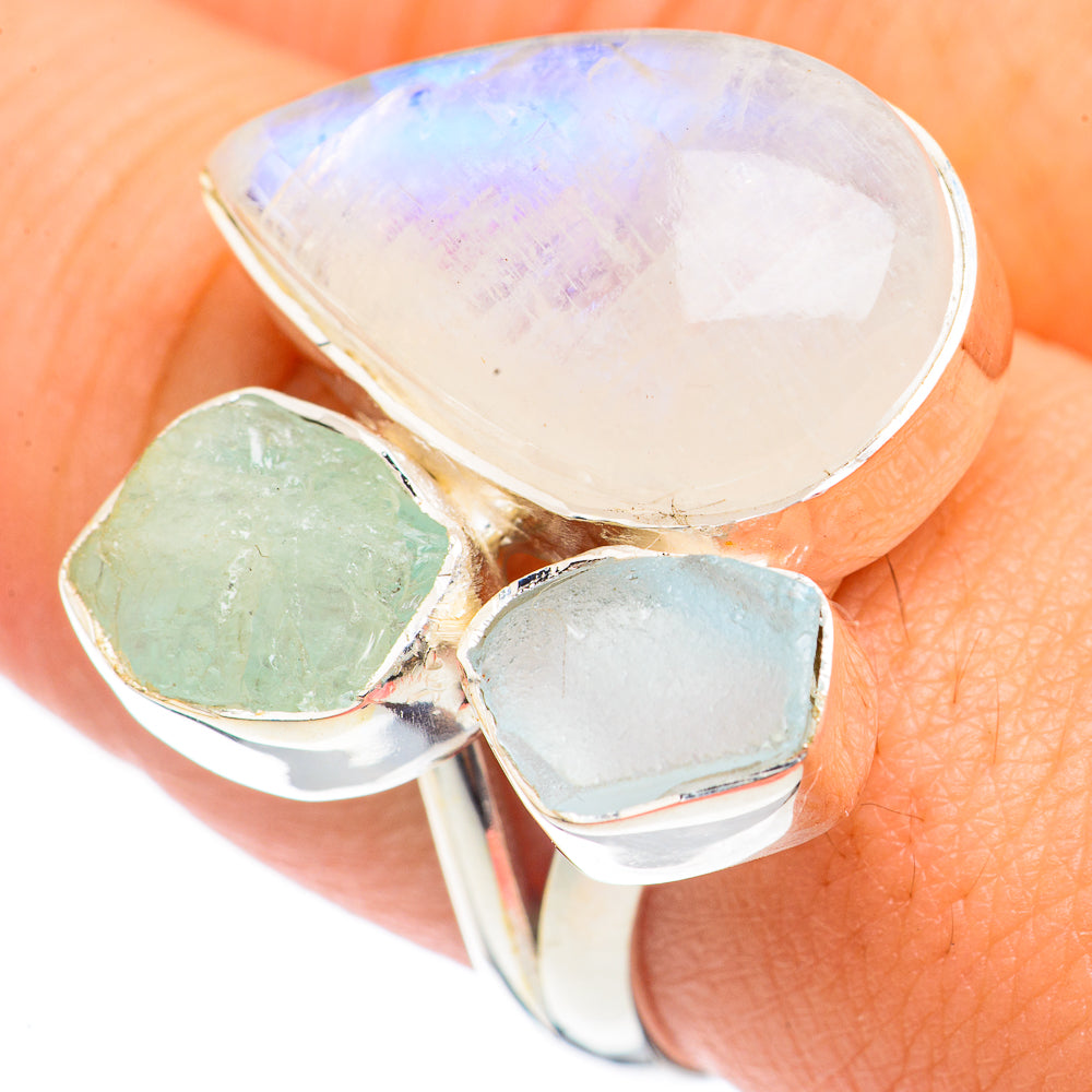 Rainbow Moonstone, Aquamarine Rings handcrafted by Ana Silver Co - RING69161