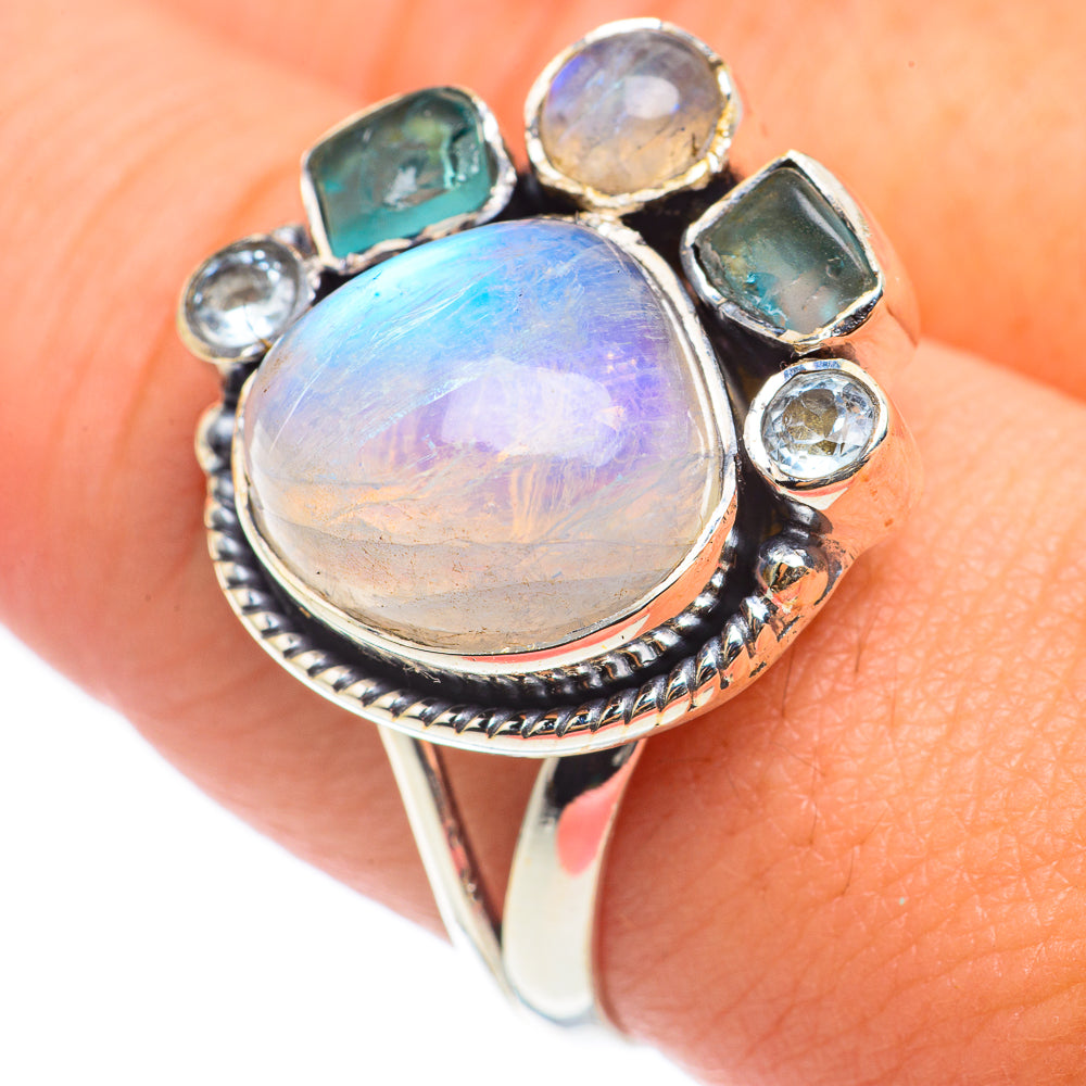 Rainbow Moonstone, Aquamarine, Blue Topaz Rings handcrafted by Ana Silver Co - RING69196