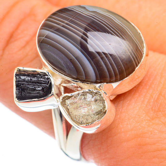 Botswana Agate, Black Tourmaline, Herkimer Diamond Rings handcrafted by Ana Silver Co - RING69235