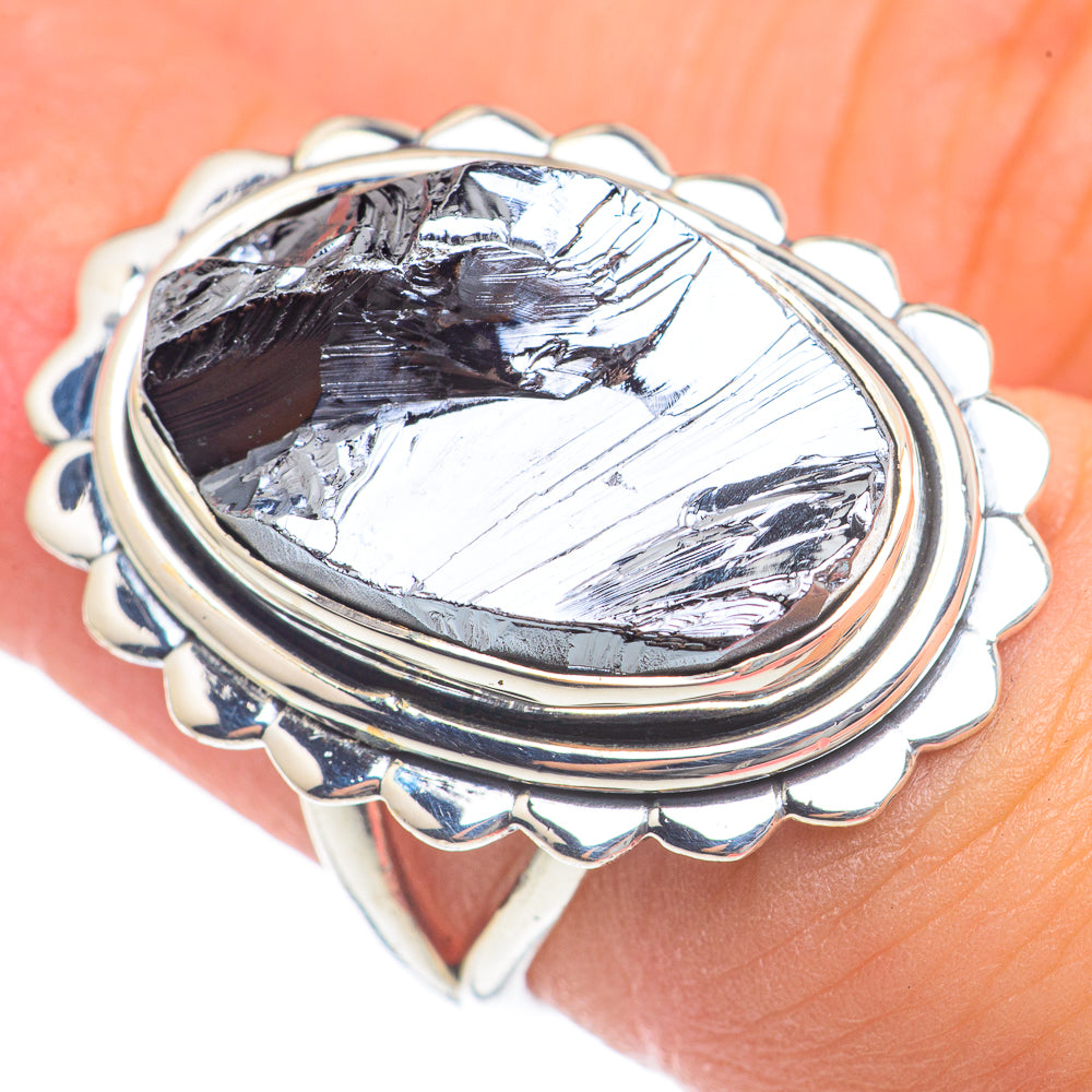 Rough shungite oval ring with scalloped 925 sterling silver bezel