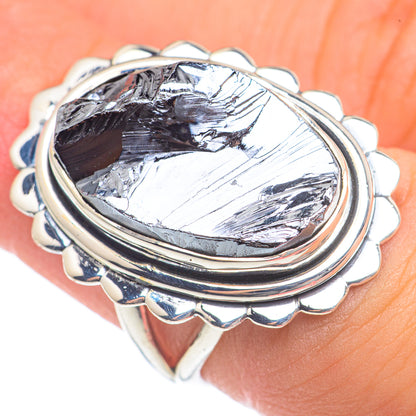 Rough shungite oval ring with scalloped 925 sterling silver bezel