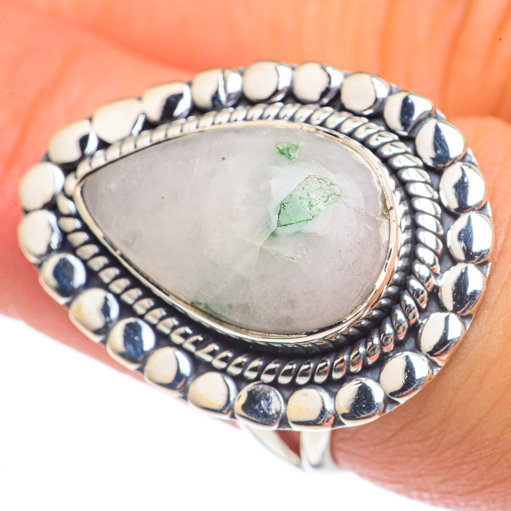 Sterling silver oval ring, white quartz with green tourmaline flecks, beaded halo