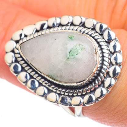 Sterling silver oval ring, white quartz with green tourmaline flecks, beaded halo