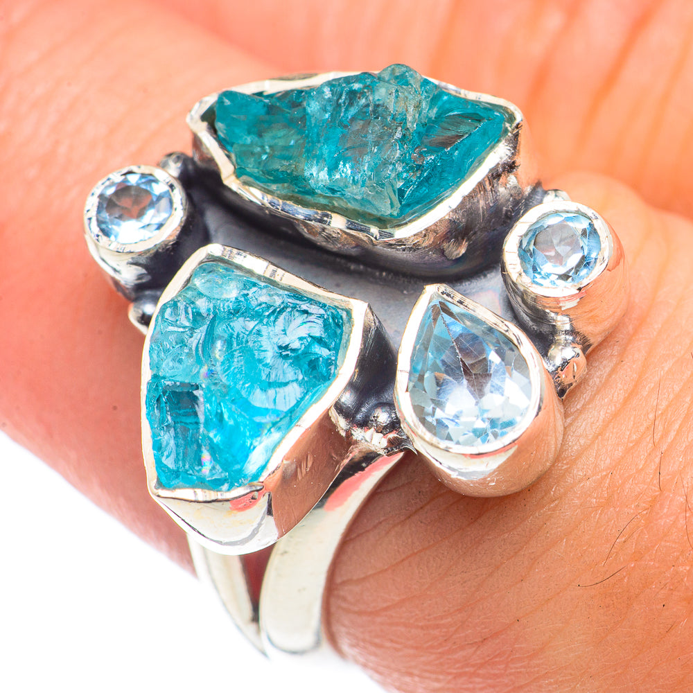 Sterling silver ring with rough turquoise and light blue gemstones, split prong design