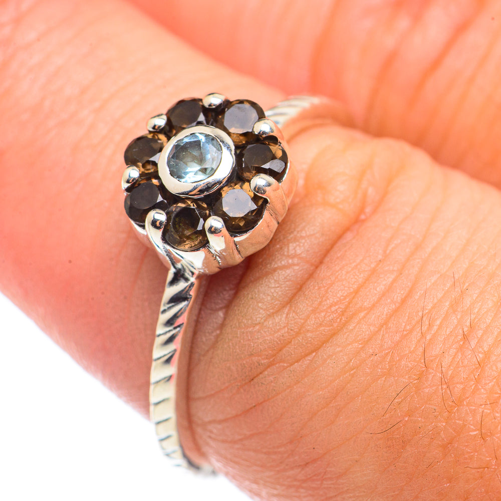 Blue topaz and smoky quartz ring in 925 sterling silver, round center stone