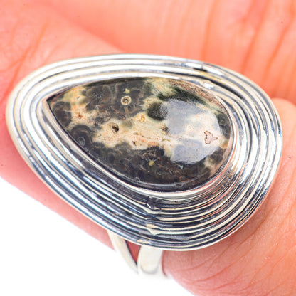 Ocean jasper ring with oval speckled cabochon and ridged 925 sterling silver band