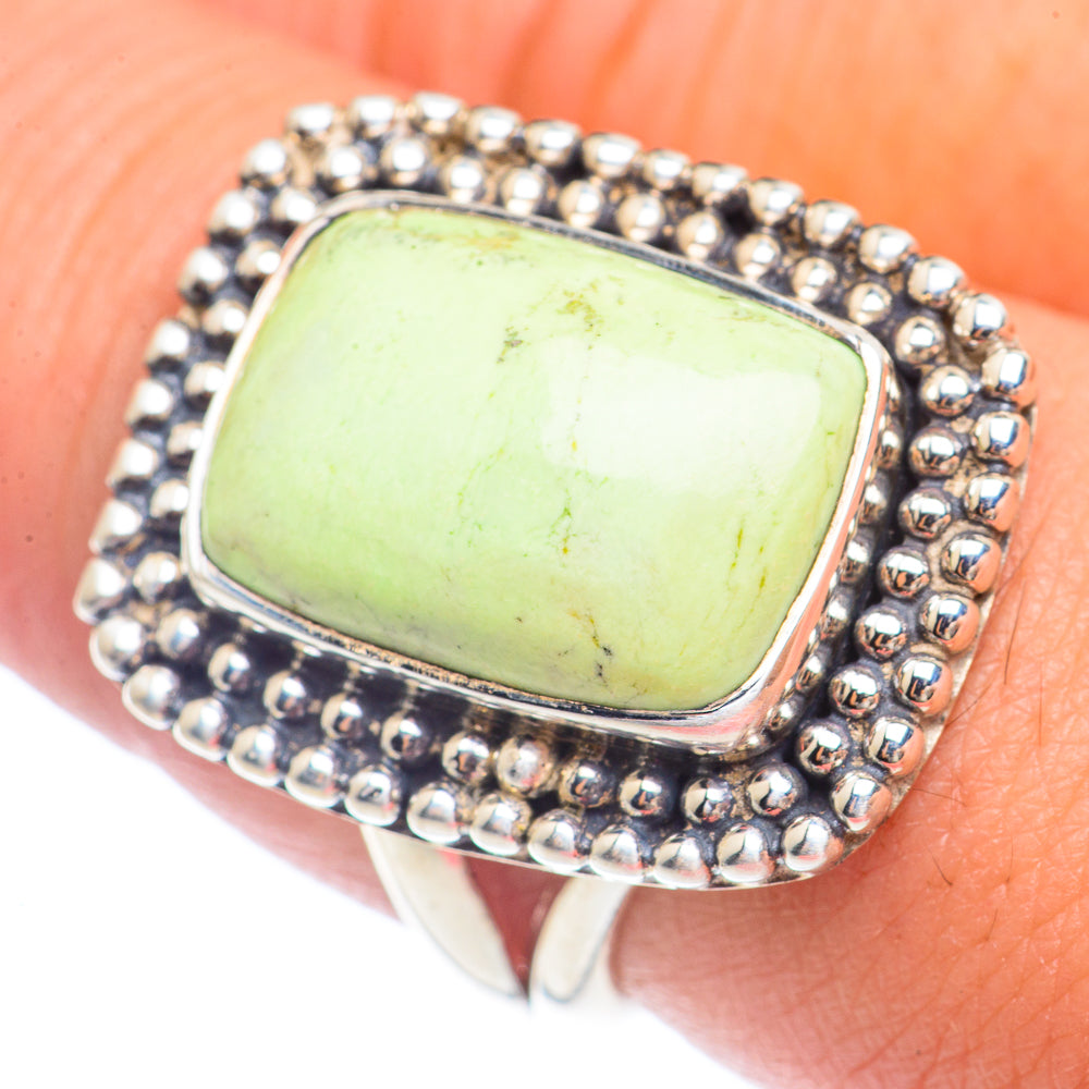 Sterling silver chrysoprase ring with rectangular square bezel and textured beaded edge