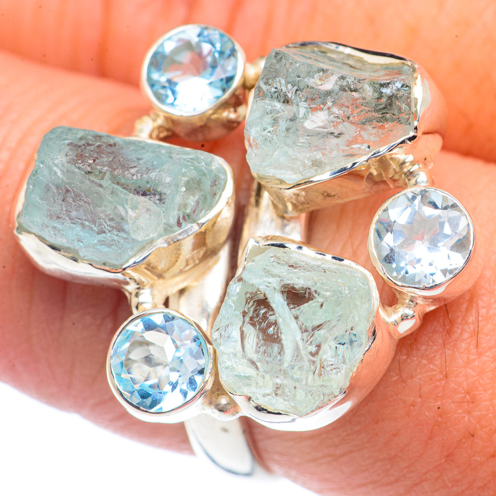 Rough aquamarine and blue topaz cluster ring, sterling silver, round light blue stones