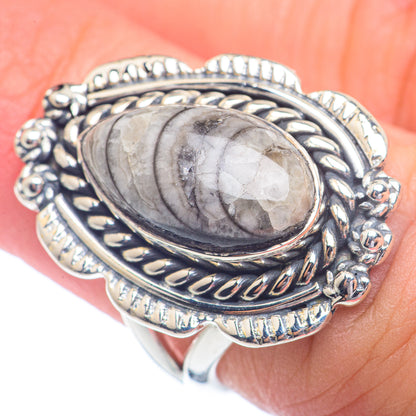 925 sterling silver oval fossil ring with engraved frame and gray stone