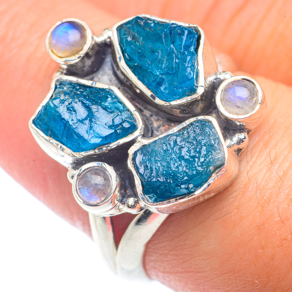 Sterling silver ring with four rough blue stones and round moonstone cabochons