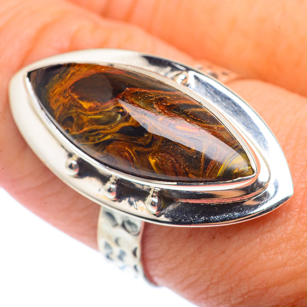 Sterling silver ring with oval dark amber/gold pietersite stone bezel set