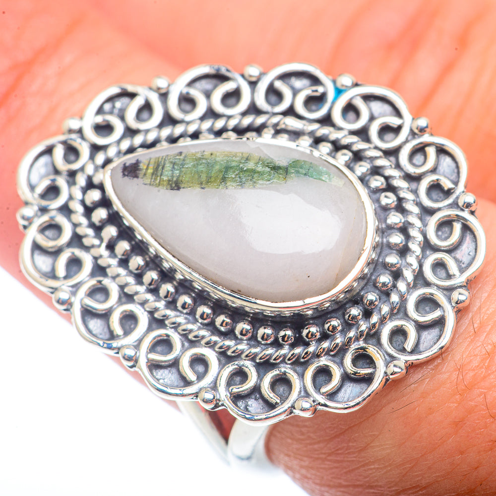 Green tourmaline in quartz ring, oval cabochon with green streaks, sterling silver bezel