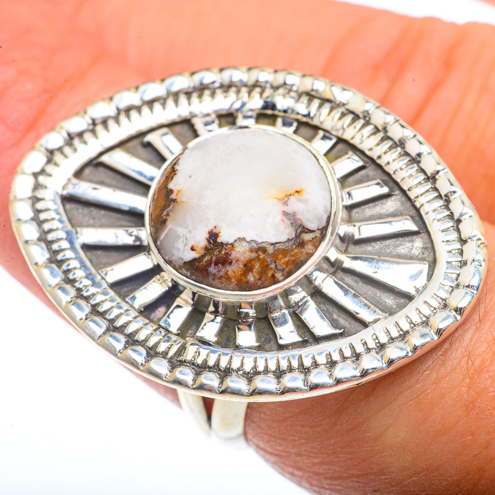 Sterling silver ring with oval white and brown jasper cabochon, sunburst bezel