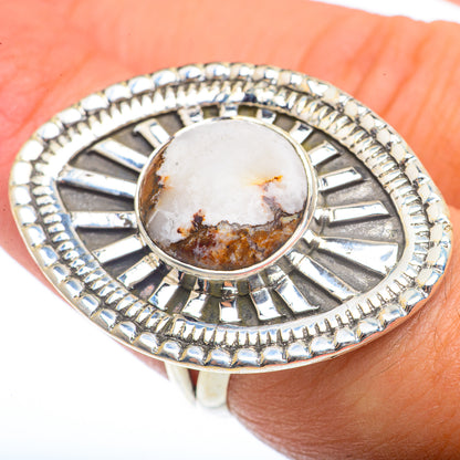 Sterling silver ring with oval white and brown jasper cabochon, sunburst bezel