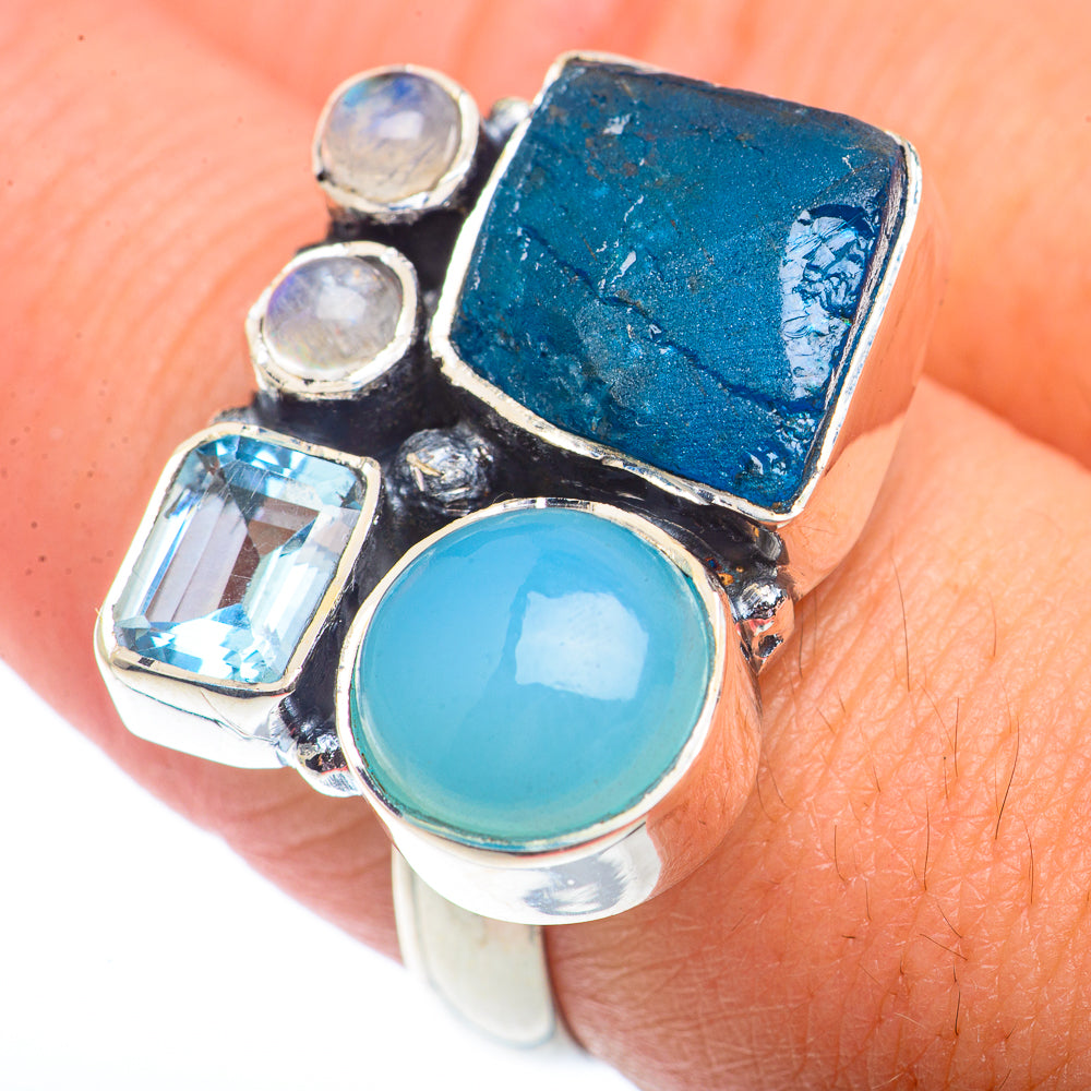 Blue Fluorite, Aqua Chalcedony, Blue Topaz, Rainbow Moonstone Rings handcrafted by Ana Silver Co - RING73523