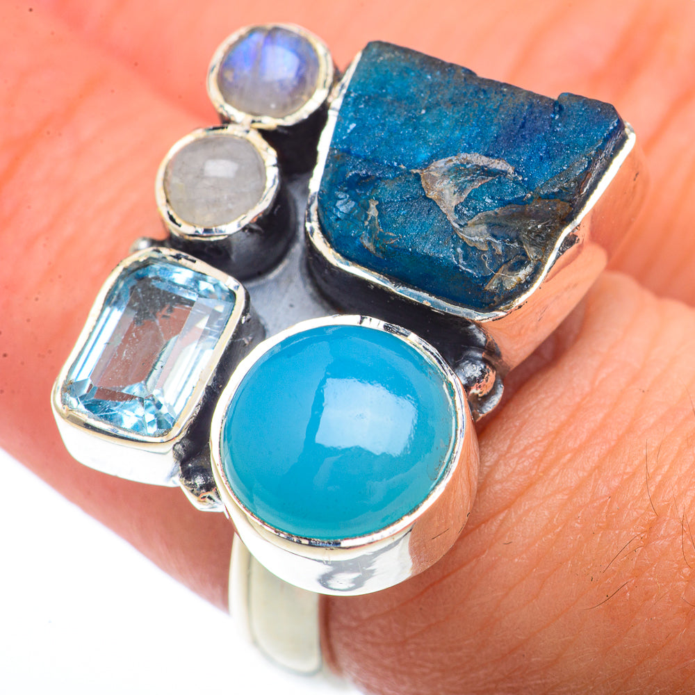 Sterling silver ring with aqua chalcedony, blue topaz, and rough blue stone; size 7.75