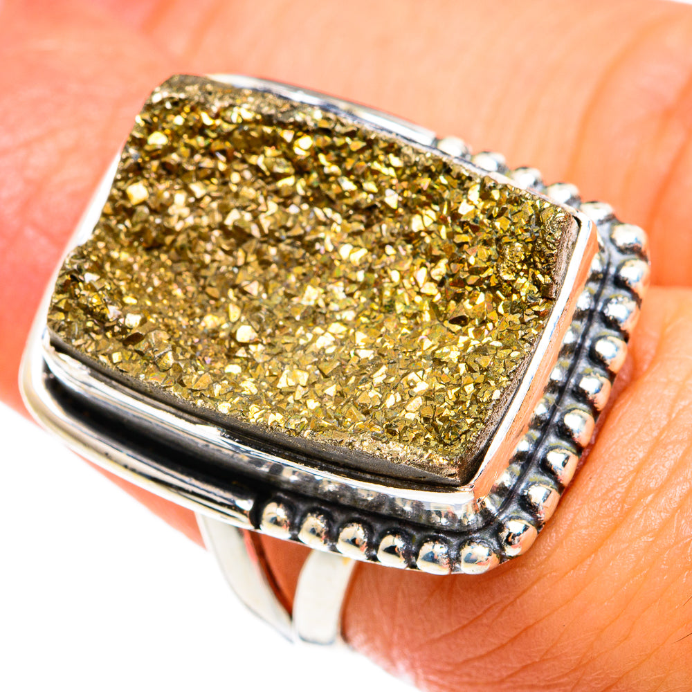 Sterling silver square druzy pyrite ring with gold glittering crystal face, beaded edge