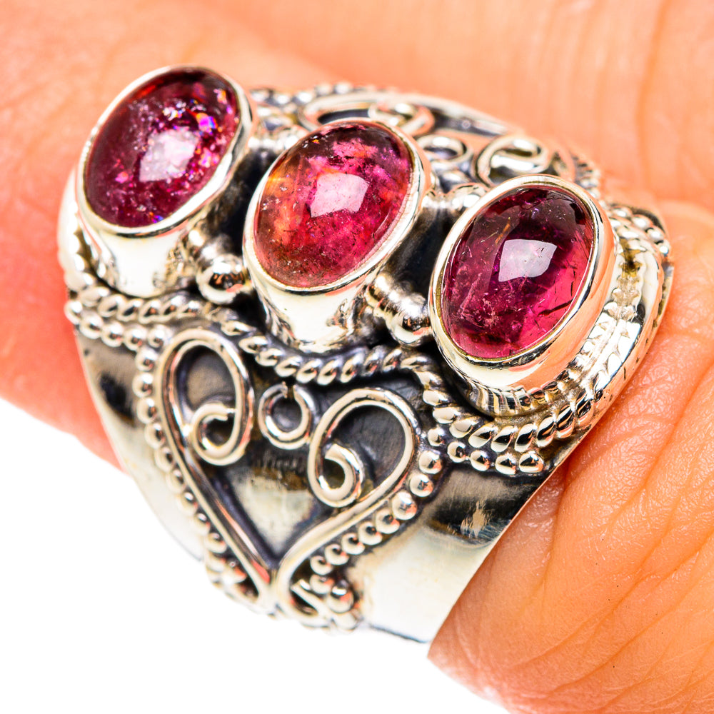 925 sterling silver pink tourmaline ring with three oval stones, decorative scrollwork