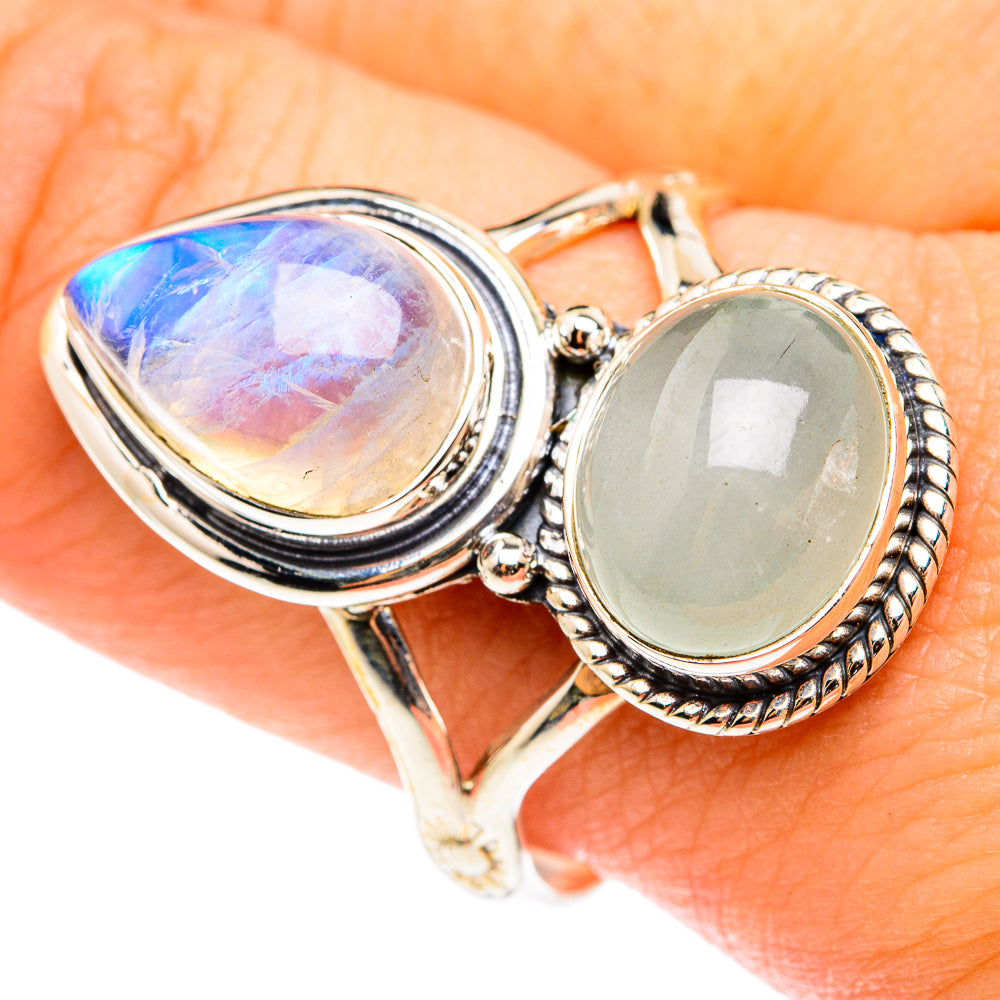 Sterling silver double-stone ring with iridescent rainbow moonstone and pale green gemstone