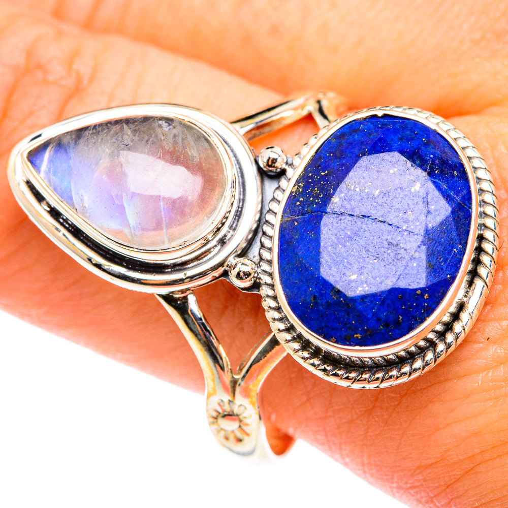 Sterling silver ring with blue lapis oval stone and iridescent moonstone top bezel