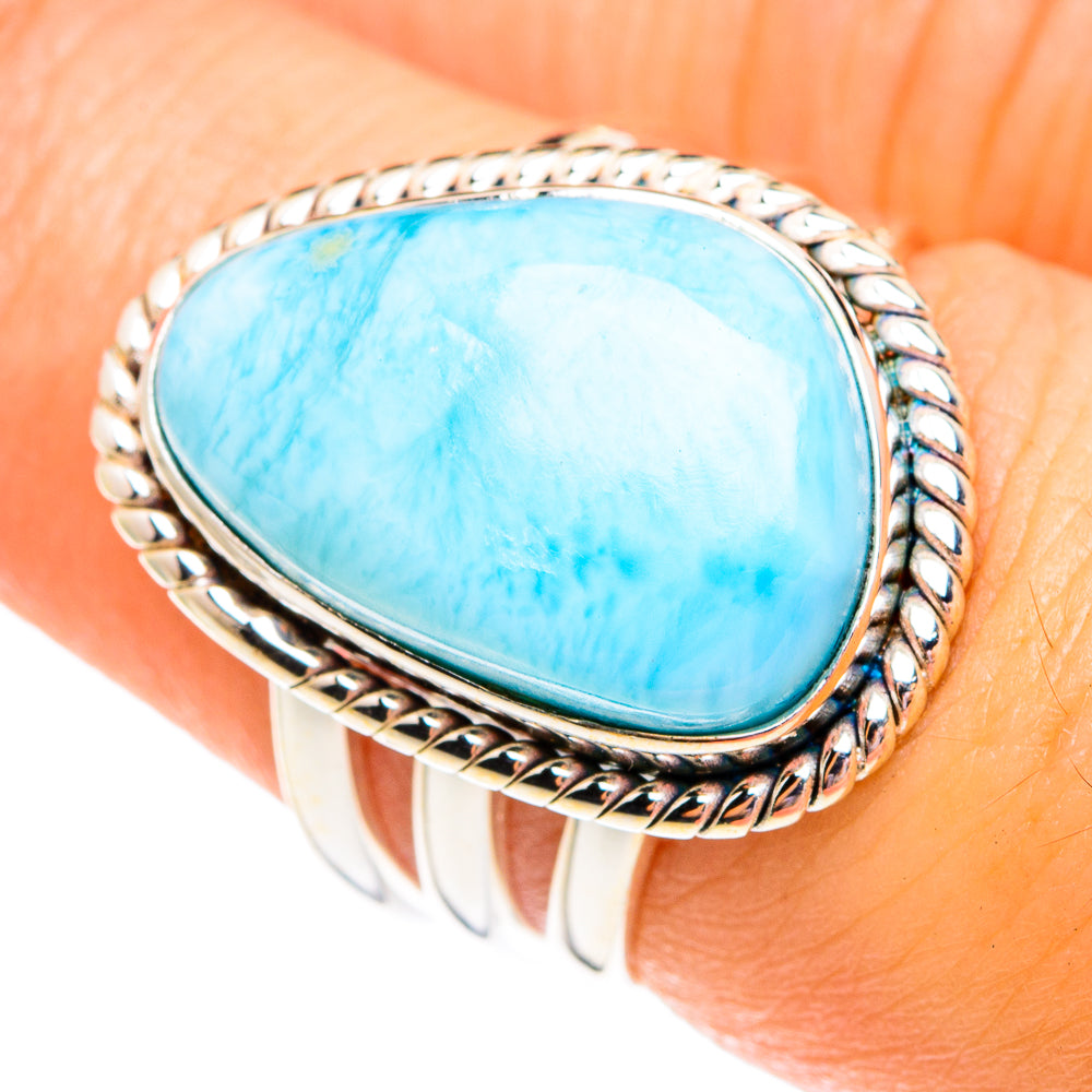 Larimar sterling silver ring with oval turquoise stone and engraved band
