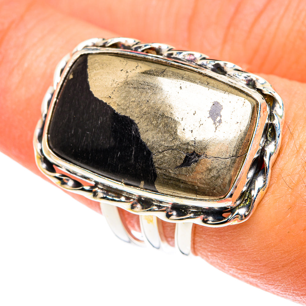 Pyrite In Black Onyx Rings handcrafted by Ana Silver Co - RING76017