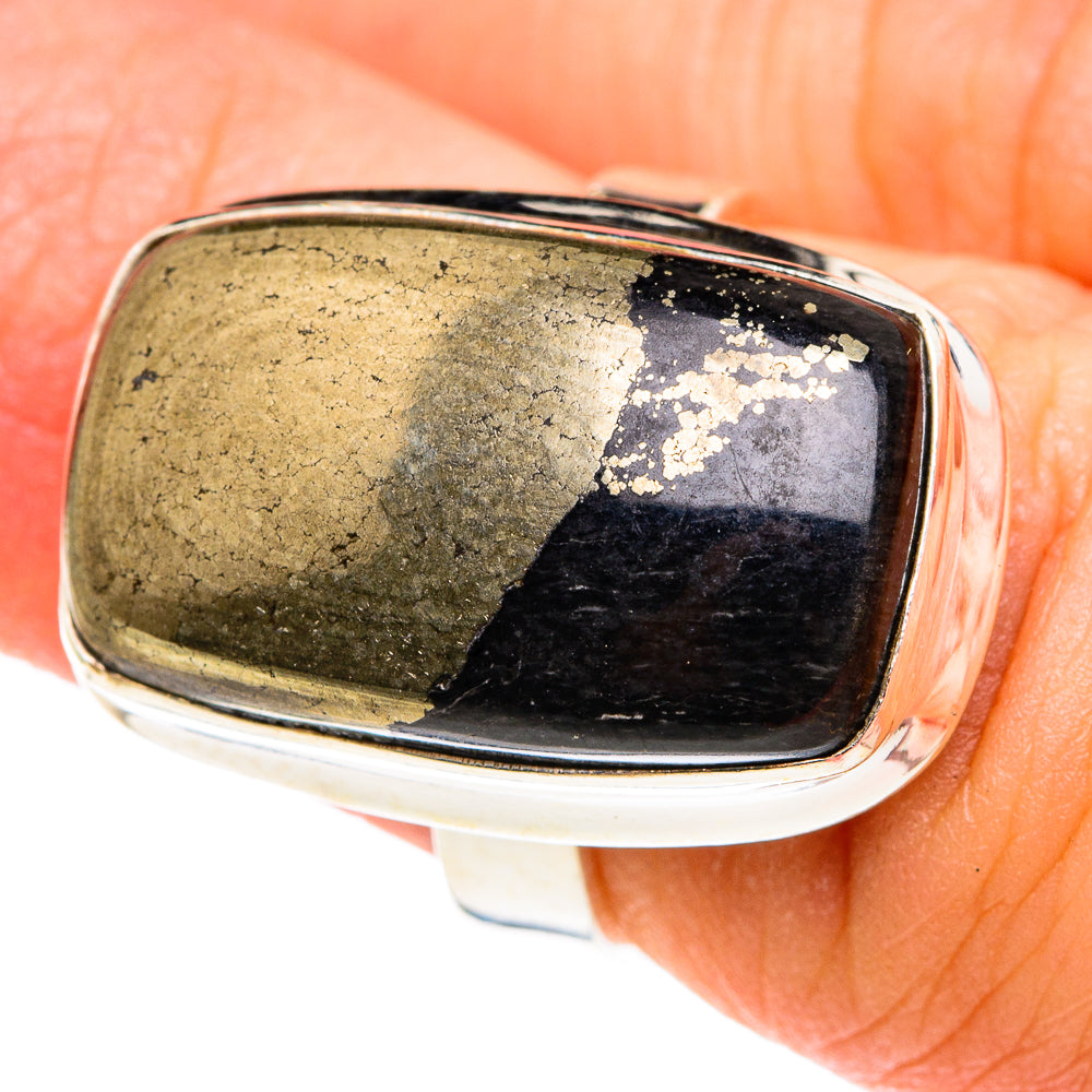 Pyrite In Black Onyx Rings handcrafted by Ana Silver Co - RING76129