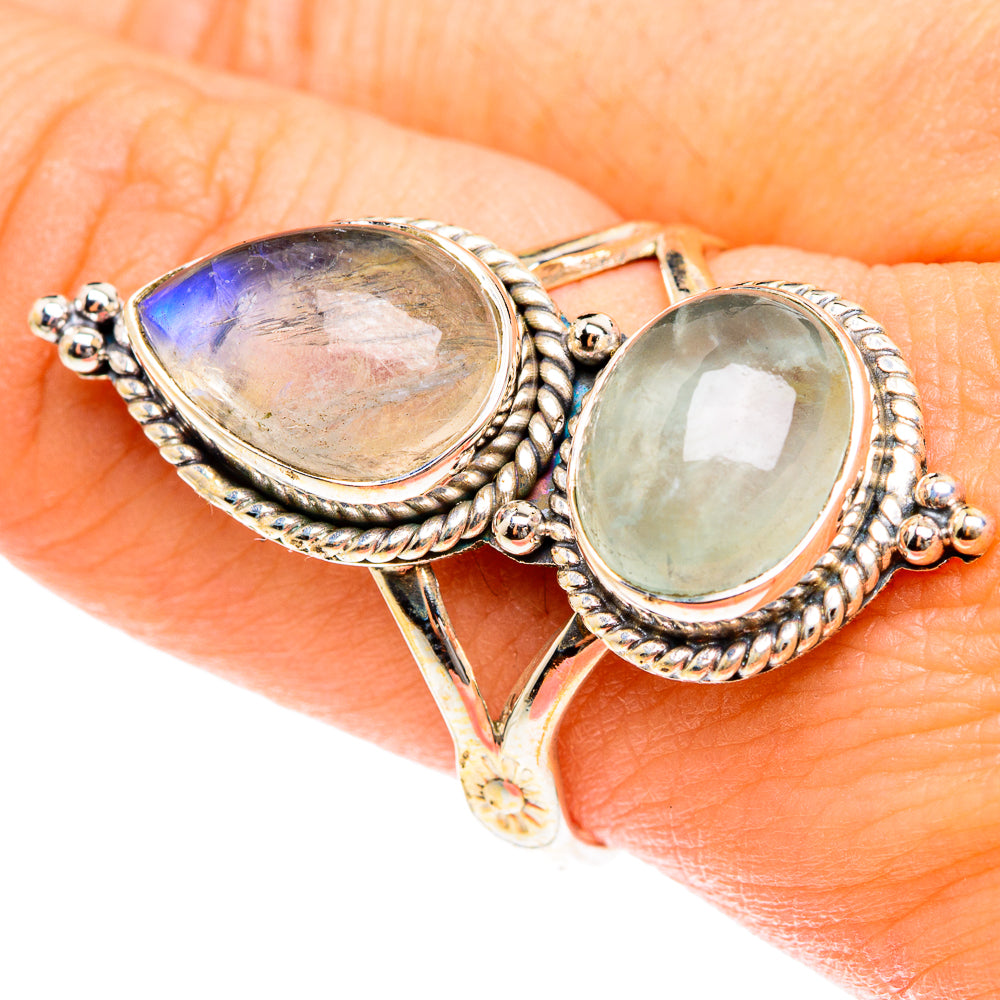Sterling silver double-stone ring with blue-tinted moonstone and pale green oval stone