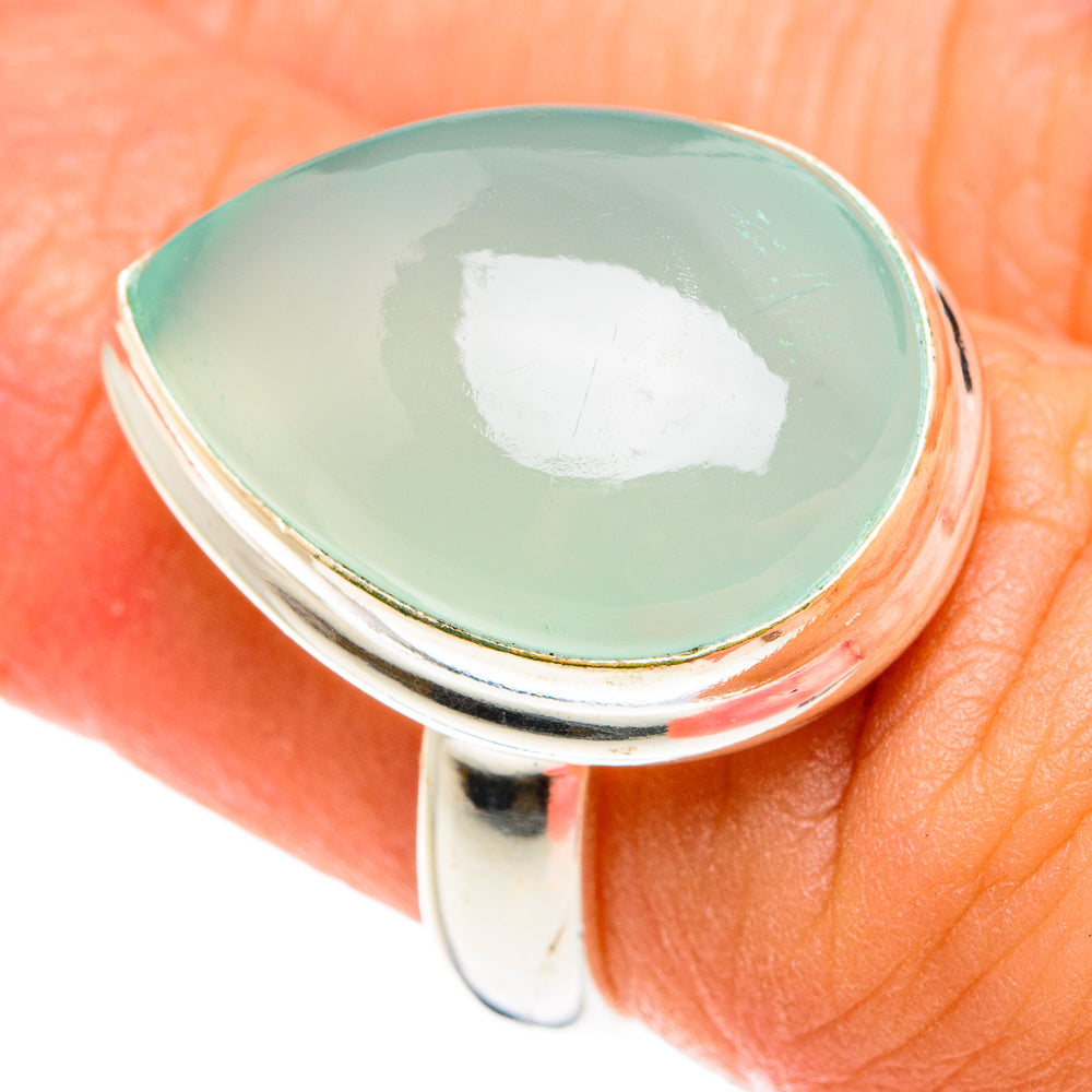 Aqua chalcedony cabochon ring with sterling silver band, teardrop stone top view