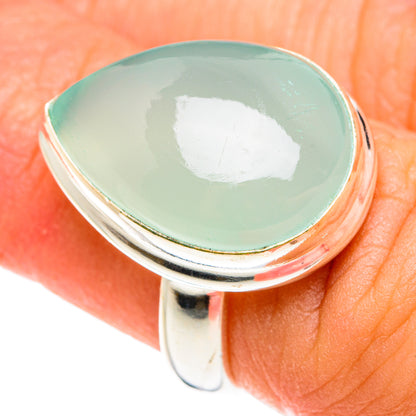 Aqua chalcedony cabochon ring with sterling silver band, teardrop stone top view